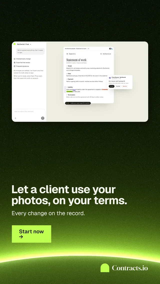Instagram story for contracts.io: "Let a client use your photos, on your terms." Swiss style, bottom layout, dark palette in green, black.
