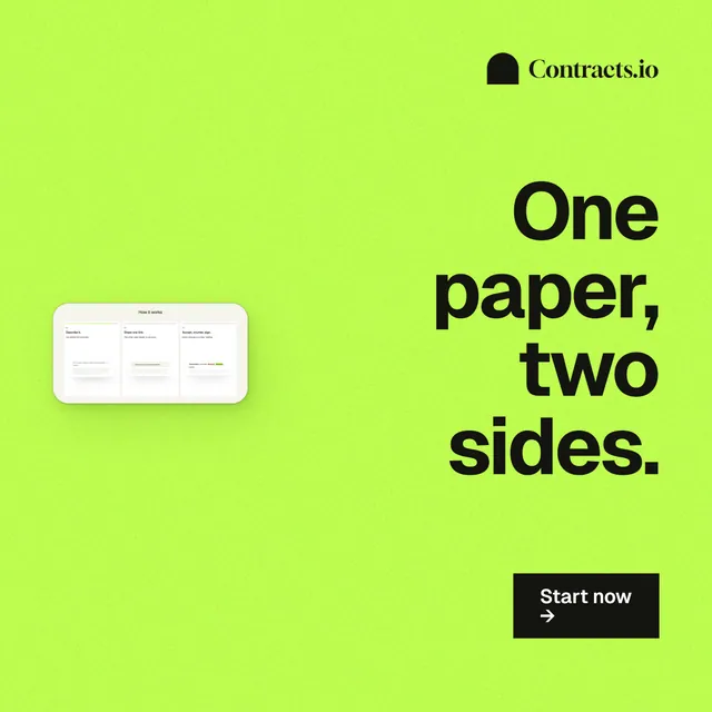 Instagram post for contracts.io: "One paper, two sides." Swiss style, right layout, light palette in green.