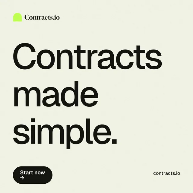 Instagram post for contracts.io: "Contracts made simple." Data card style, poster layout, light palette in white, grey.