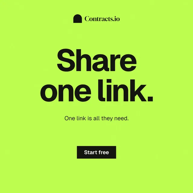 Instagram post for contracts.io: "Share one link." Swiss style, centred layout, light palette in green.