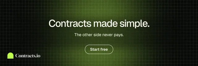X header for contracts.io: "Contracts made simple." Phosphor atlas style, centred layout, dark palette in green, black.