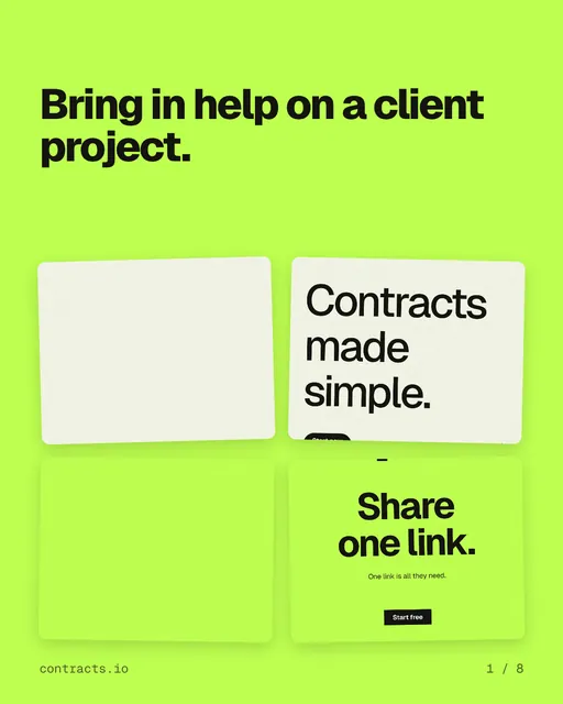 Carousel for contracts.io: "Bring in help on a client project.". Collection carousel, 8 slides, light palette.