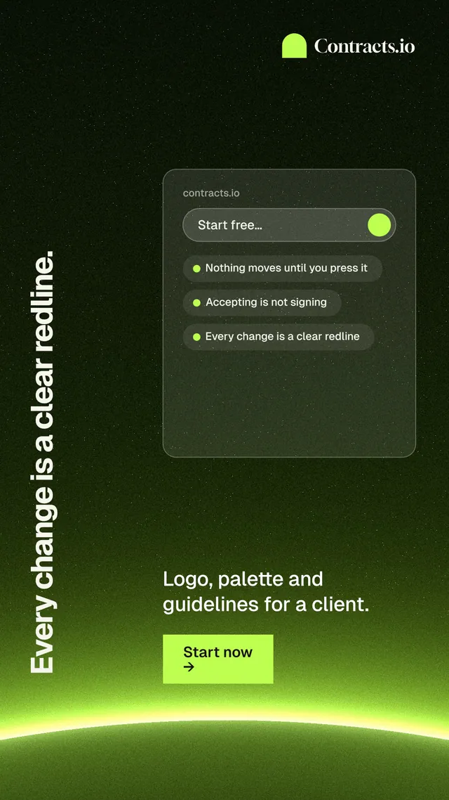 Instagram story for contracts.io: "Every change is a clear redline." Swiss style, vertical layout, dark palette in green, black.