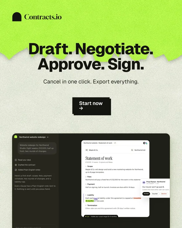 Instagram portrait post for contracts.io: "Draft. Negotiate. Approve. Sign." Paper trio style, centred layout, light palette in green, black, white.