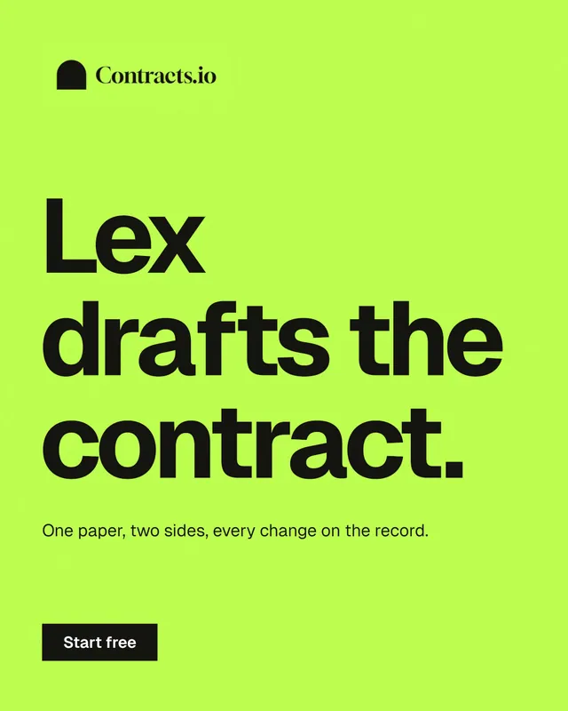 Instagram portrait post for contracts.io: "Lex drafts the contract." Swiss style, announce layout, light palette in green.
