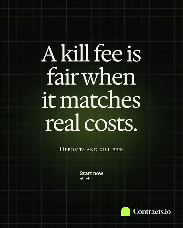 Instagram portrait post for contracts.io: "A kill fee is fair when it matches real costs." Phosphor atlas style, smallcaps layout, dark palette in black, grey.
