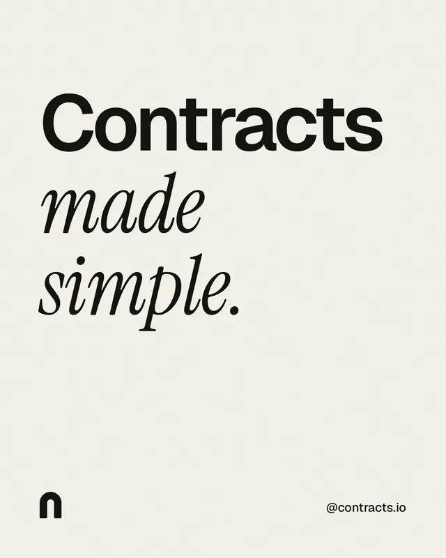 Instagram portrait post for contracts.io: "Contracts made simple." Editorial style, technique:mixed type lockup layout, light palette in white, grey.