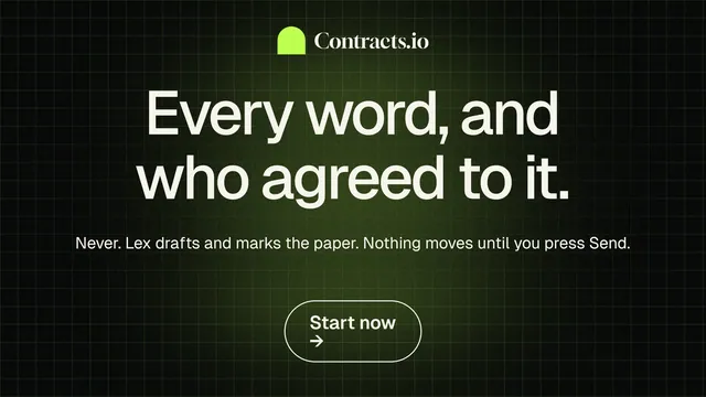 Landscape graphic for contracts.io: "Every word, and who agreed to it." Phosphor atlas style, centred layout, dark palette in black, grey.