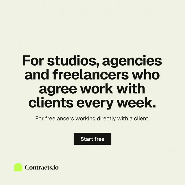 Instagram post for contracts.io: "For studios, agencies and freelancers who agree work with clients every week." Swiss style, centred layout, light palette in white, yellow, grey.