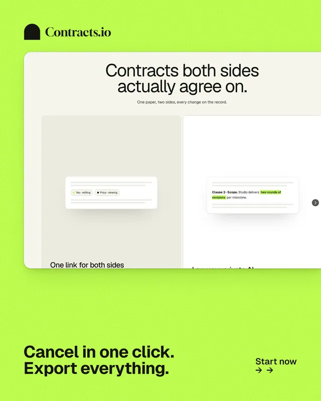Instagram portrait post for contracts.io: "Cancel in one click. Export everything." Swiss style, image led layout, light palette in green.