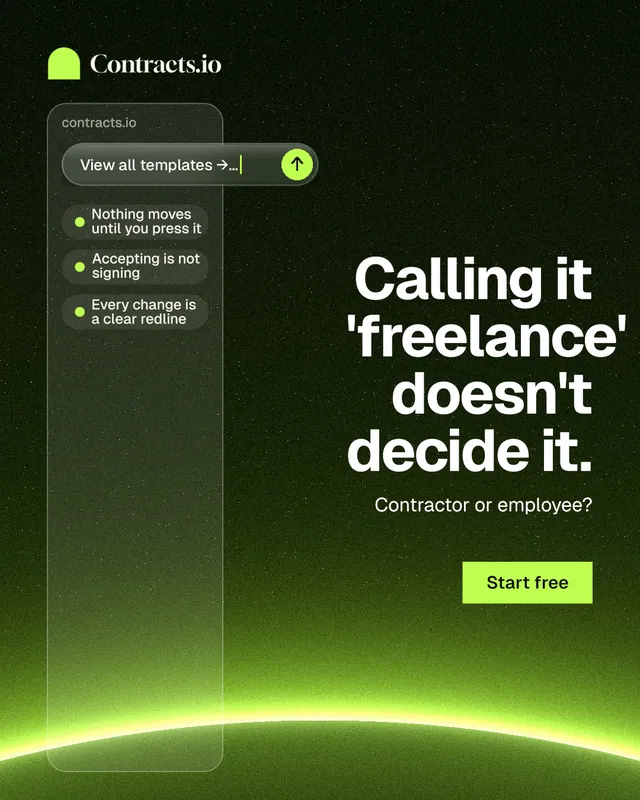 Instagram portrait post for contracts.io: "Calling it 'freelance' doesn't decide it." Swiss style, right layout, dark palette in black, green.