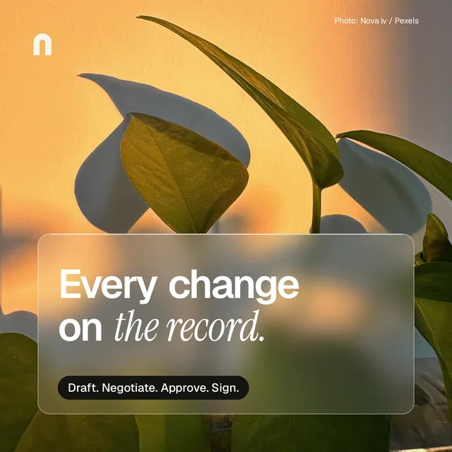 Instagram post for contracts.io: "Every change on the record." Glass style, technique:pexels ingredient layout, light palette in yellow, orange.