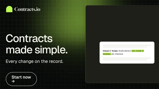 Landscape graphic for contracts.io: "Contracts made simple." Phosphor atlas style, bottom layout, dark palette in black, green, grey.