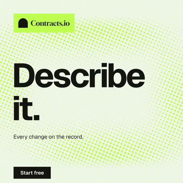 Instagram post for contracts.io: "Describe it." Swiss style, announce layout, light palette in white, green, grey.