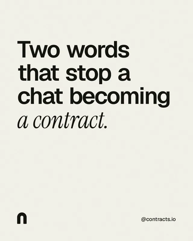 Instagram portrait post for contracts.io: "Two words that stop a chat becoming a contract." Editorial style, technique:mixed type lockup layout, light palette in white, grey.