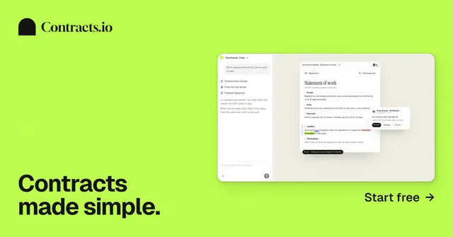 Social ad for contracts.io: "Contracts made simple." Swiss style, image led layout, light palette in green, white.