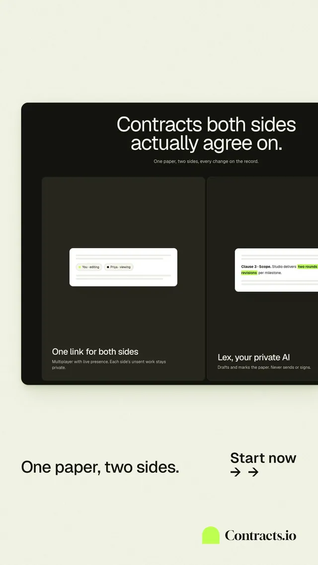 Instagram story for contracts.io: "One paper, two sides." Data card style, image led layout, light palette in white, black, green.