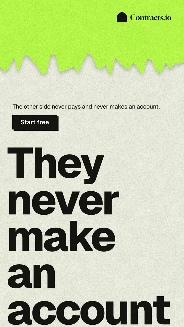 Instagram story for contracts.io: "They never make an account." Paper trio style, oversized layout, light palette in green, grey.
