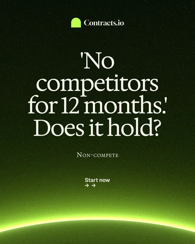 Instagram portrait post for contracts.io: "'No competitors for 12 months.' Does it hold?" Swiss style, smallcaps layout, dark palette in green, black.