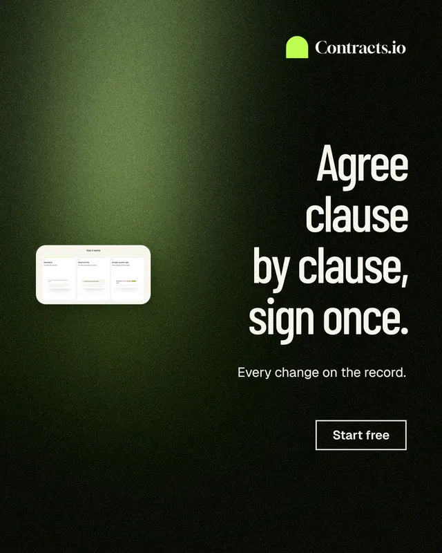 Instagram portrait post for contracts.io: "Agree clause by clause, sign once." Dark deco style, right layout, dark palette in black, green, grey.