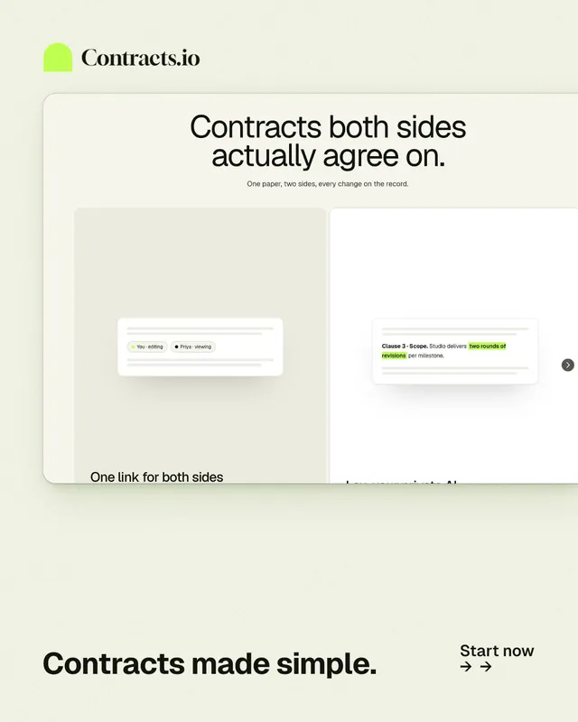 Instagram portrait post for contracts.io: "Contracts made simple." Swiss style, image led layout, light palette in yellow, white, grey.