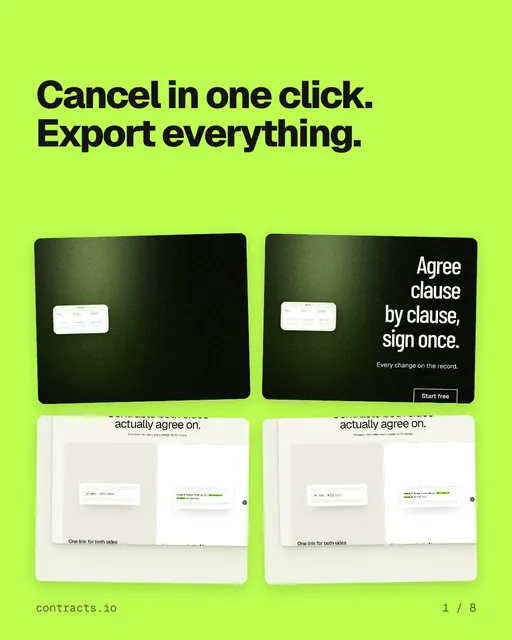 Carousel for contracts.io: "Cancel in one click. Export everything.". Collection carousel, 8 slides, light palette.