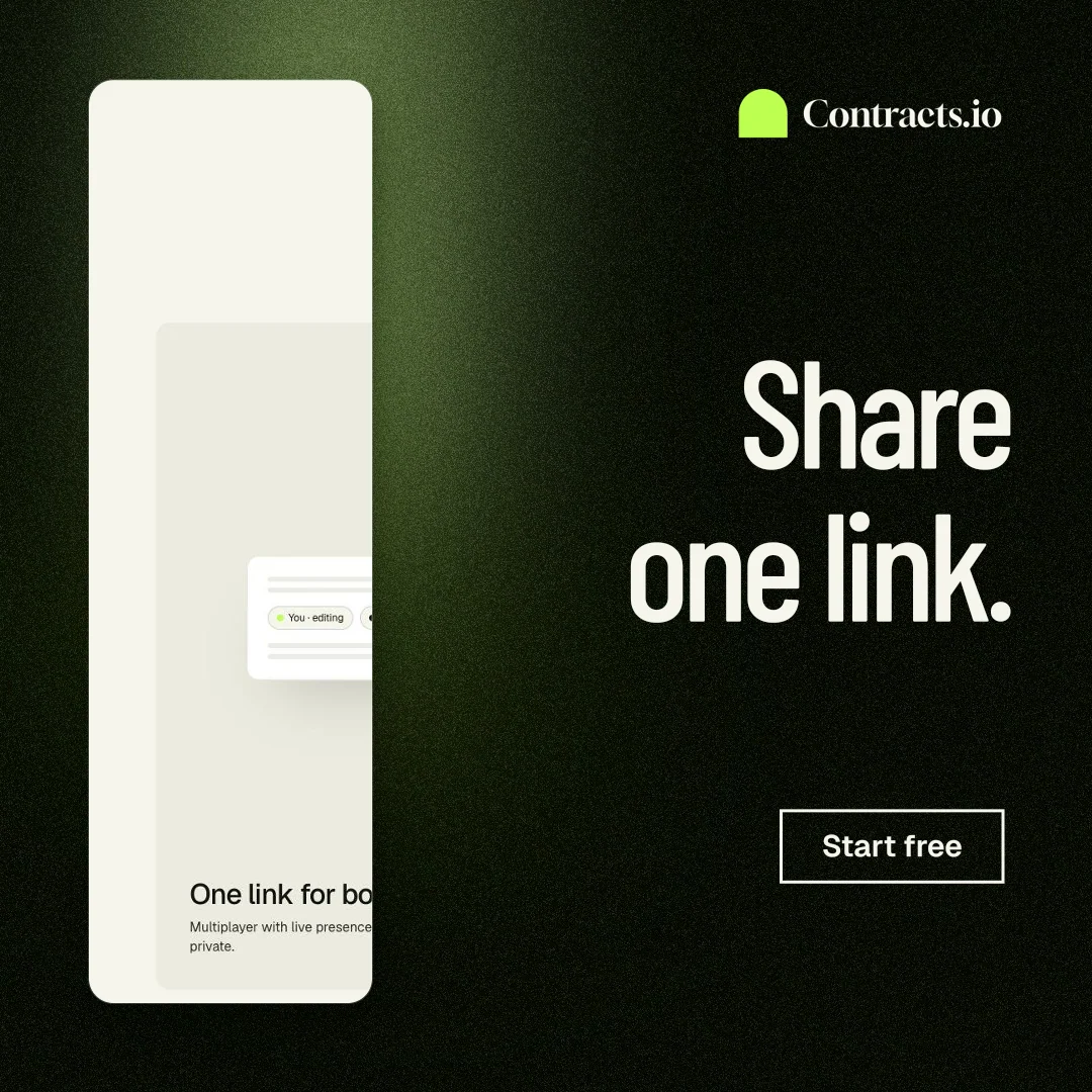 Instagram post for contracts.io: "Share one link." Dark deco style, right layout, dark palette in black, white, green.