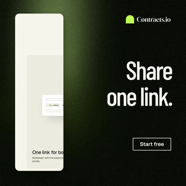 Instagram post for contracts.io: "Share one link." Dark deco style, right layout, dark palette in black, white, green.