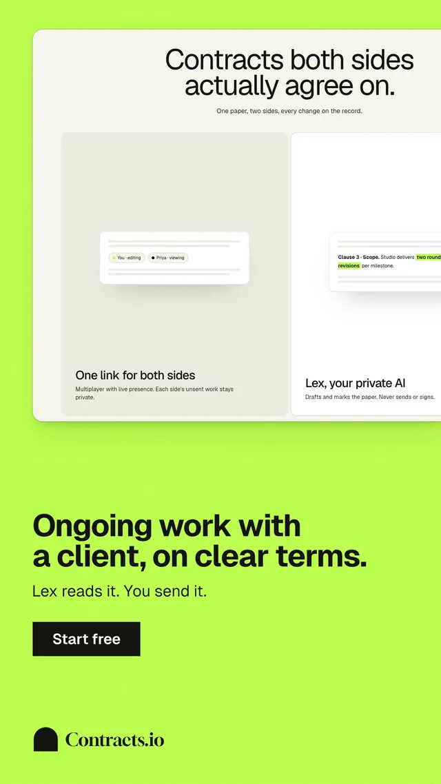 Instagram story for contracts.io: "Ongoing work with a client, on clear terms." Swiss style, bottom layout, light palette in green.