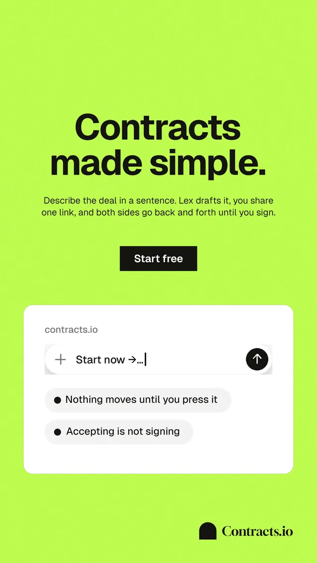 Instagram story for contracts.io: "Contracts made simple." Swiss style, centred layout, light palette in green.