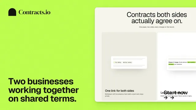 Landscape graphic for contracts.io: "Two businesses working together on shared terms." Swiss style, image led layout, light palette in green.