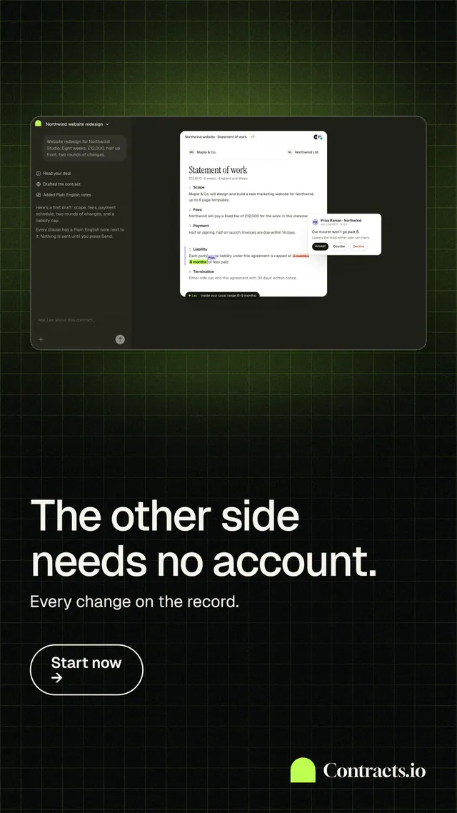 Instagram story for contracts.io: "The other side needs no account." Phosphor atlas style, bottom layout, dark palette in black, grey.