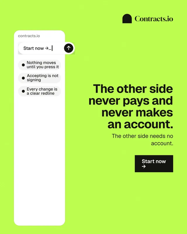 Instagram portrait post for contracts.io: "The other side never pays and never makes an account." Swiss style, right layout, light palette in green, white.
