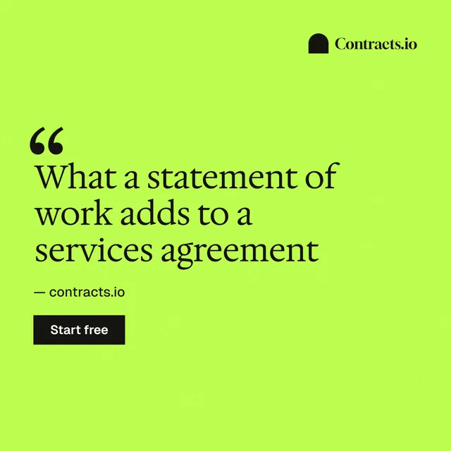 Instagram post for contracts.io: "What a statement of work adds to a services agreement". Swiss style, quote layout, light palette in green.