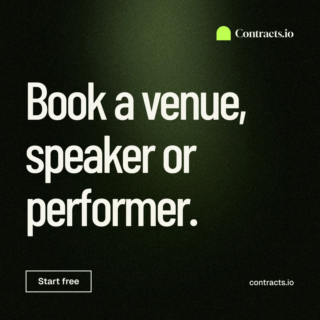 Instagram post for contracts.io: "Book a venue, speaker or performer." Dark deco style, poster layout, dark palette in black, grey.