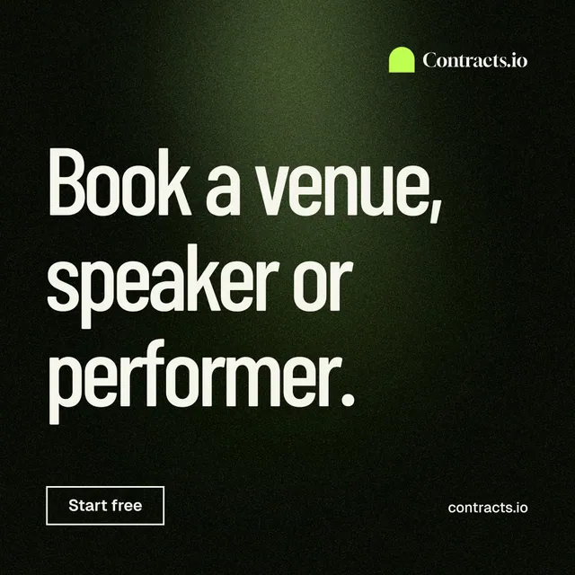 Instagram post for contracts.io: "Book a venue, speaker or performer." Dark deco style, poster layout, dark palette in black, grey.