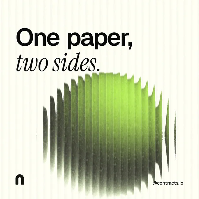 Instagram post for contracts.io: "One paper, two sides." Auto 1x1 style, technique:shader field layout, light palette in white, grey, green.
