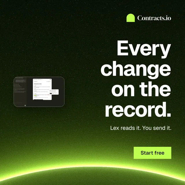 Instagram post for contracts.io: "Every change on the record." Swiss style, right layout, dark palette in green, black.