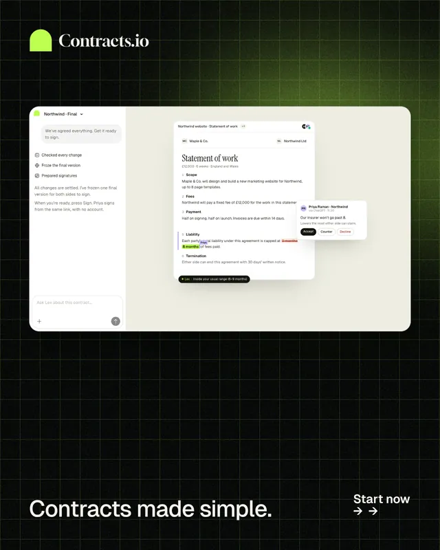 Instagram portrait post for contracts.io: "Contracts made simple." Phosphor atlas style, image led layout, dark palette in white, black.