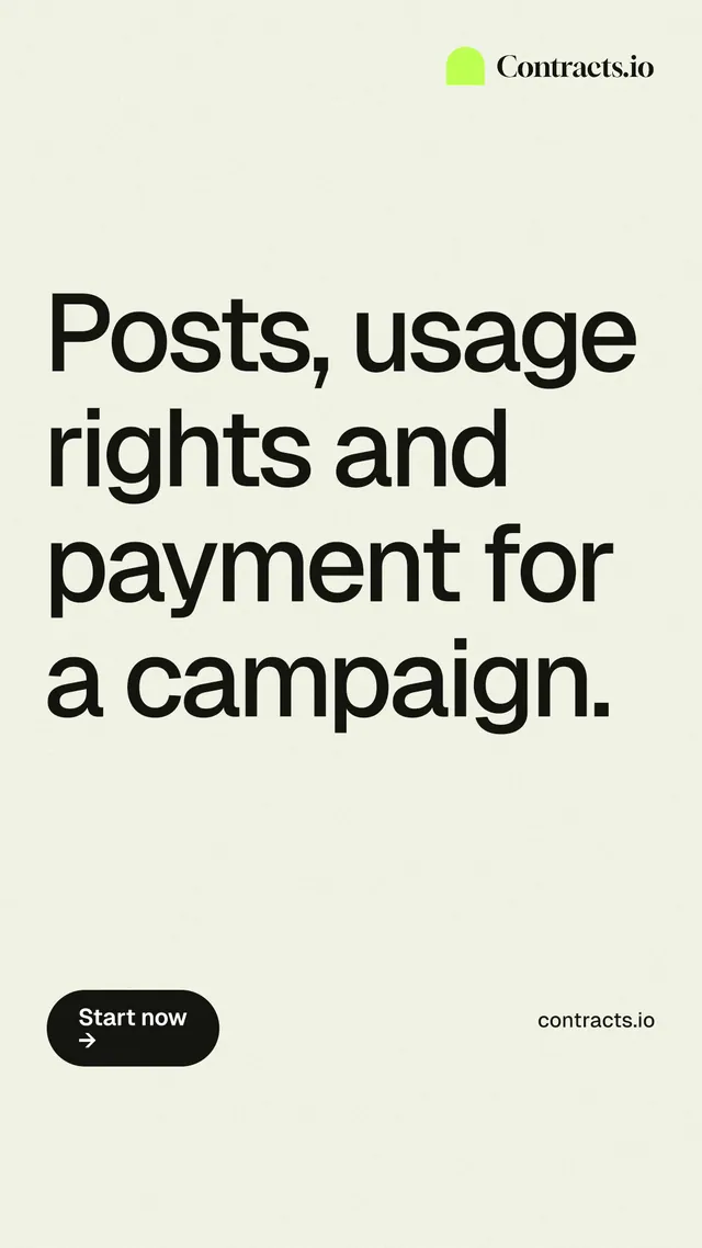 Instagram story for contracts.io: "Posts, usage rights and payment for a campaign." Data card style, poster layout, light palette in white, grey.