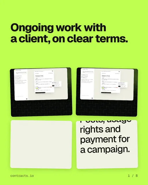 Carousel for contracts.io: "Ongoing work with a client, on clear terms.". Collection carousel, 8 slides, light palette.
