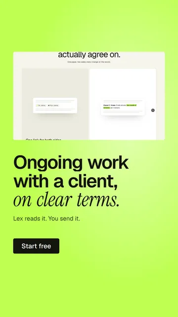 Video for contracts.io: "Ongoing work with a client, on clear terms.". Kinetic type grid, 7.0 s, light palette.