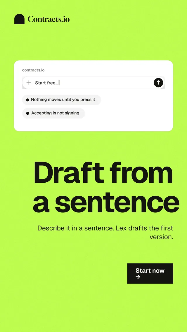 Instagram story for contracts.io: "Draft from a sentence". Swiss style, right layout, light palette in green.