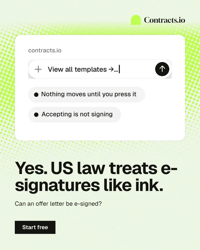 Instagram portrait post for contracts.io: "Yes. US law treats e-signatures like ink." Swiss style, bottom layout, light palette in white, grey, green.