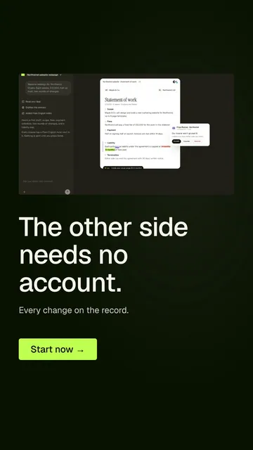 Video for contracts.io: "The other side needs no account.". Doc motion loop, 8.0 s, dark palette.