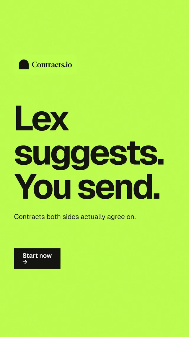 Instagram story for contracts.io: "Lex suggests. You send." Swiss style, announce layout, light palette in green.