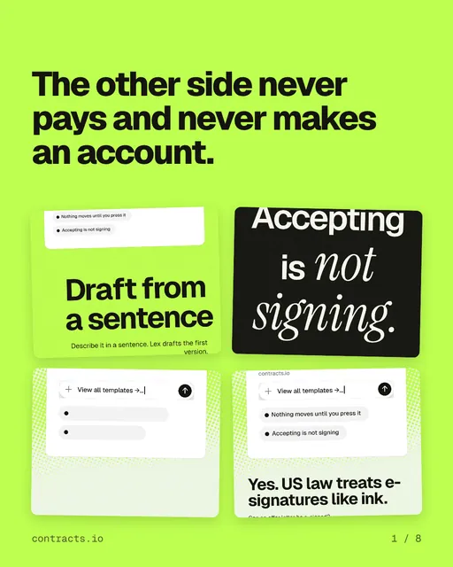 Carousel for contracts.io: "The other side never pays and never makes an account.". Collection carousel, 8 slides, light palette.