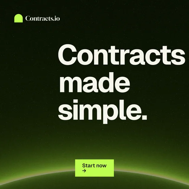 Instagram post for contracts.io: "Contracts made simple." Swiss style, centred layout, dark palette in black, green.