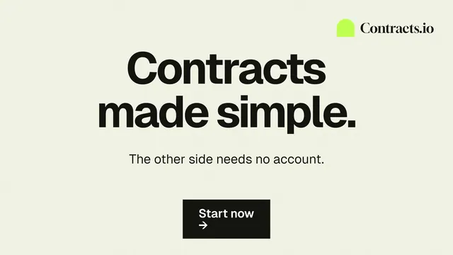 Landscape graphic for contracts.io: "Contracts made simple." Swiss style, centred layout, light palette in white, grey.