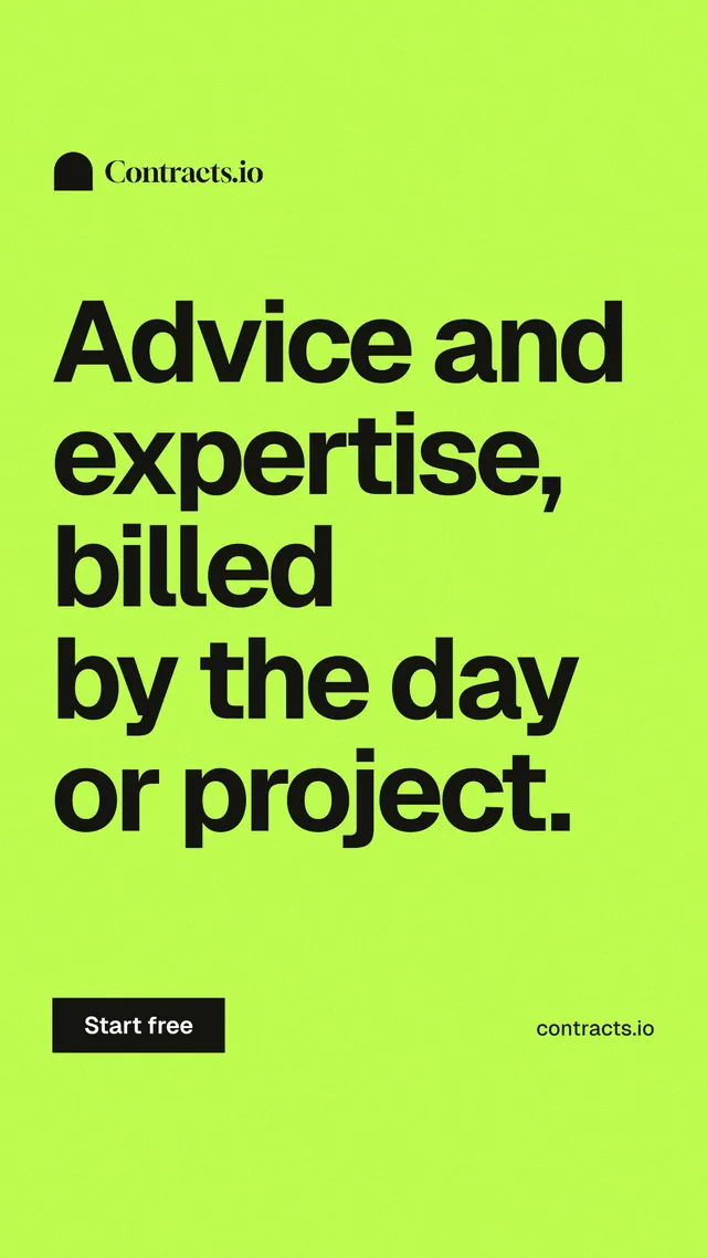 Instagram story for contracts.io: "Advice and expertise, billed by the day or project." Swiss style, poster layout, light palette in green.